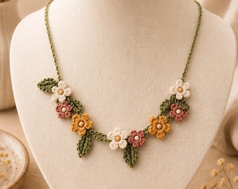 Crochet Flower Necklace Pattern PDF, Boho Floral Jewelry Tutorial, Adjustable Botanical Necklace, Instant Download