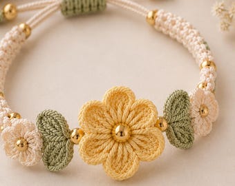 Crochet Flower Bracelet Pattern PDF, Floral Jewelry Tutorial, Gold Bead Daisy (Digital Download)