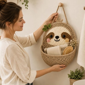 Puede incluir: Una cesta de pared redonda tejida a ganchillo con forma de cara de perezoso en hilo color canela, crema y marrón. El perezoso presenta parches oculares de color marrón oscuro, mejillas rosadas y dos pequeñas hojas verdes en la parte superior.