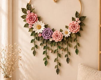 Crochet Wall Hanging Pattern PDF, Heart Bloom Floral Wall Decor, 3D Rose Daisy Crochet Hoop, Nursery Home Decor DIY  (Digital Download)