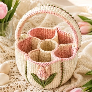 Egg Collecting Basket Crochet Pattern PDF, 7 Egg Mini Basket Tutorial, Farmhouse Easter Basket, Tulip Crochet DIY