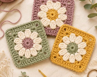 Daisy Granny Square Crochet Pattern PDF, Beginner Floral Motif, Boho Flower Square, Easy Instant (Digital Download)