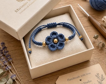 Patrón PDF para pulsera de ganchillo Denim Bloom, tutorial de joyería de flores de micro ganchillo, descarga digital de pulsera de la amistad ajustable