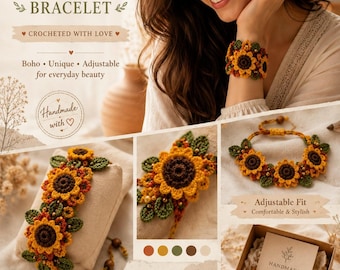 Sunflower Crochet Bracelet Pattern PDF, Autumn Floral Jewelry Tutorial, Crochet Flower Bracelet, Fall Handmade Gift DIY  (Digital Download)