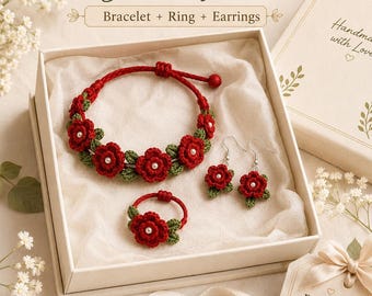 Crochet Jewelry Set Pattern PDF, Red Flower Bracelet Earrings Ring Tutorial, Floral Crochet Accessories DIY Gift (Digital Download)