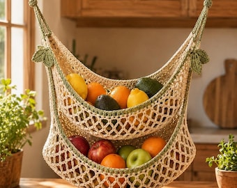 Crochet Hanging Fruit Basket Pattern PDF, Boho Produce Hammock, Kitchen Storage Organizer, Fruit Net Crochet Decor (PDF Download)