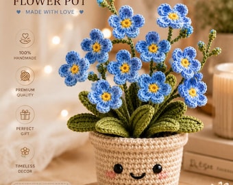 Crochet Forget Me Not Flower Pot Pattern (PDF), Amigurumi Bouquet, Kawaii Plant Decor