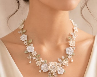 Crochet Necklace Pattern PDF, Floral Pearl Bridal Jewelry Tutorial, Irish Lace Inspired Flower Necklace, Wedding Accessory DIY