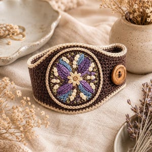 May include: A dark brown crochet cuff bracelet featuring a circular embroidered floral motif in shades of purple, blue, and cream. The cuff is finished with a light cream border and a single round wooden button closure on the side.