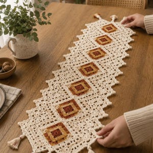 May include: A long, rectangular crochet table runner featuring a series of cream-coloured granny squares with central accents in shades of brown, orange, and yellow. The runner has a scalloped edge and is finished with small tassels at both ends.