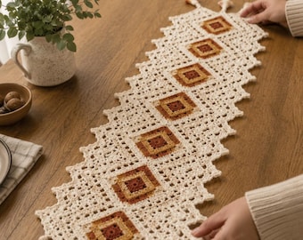 Crochet Table Runner Pattern PDF, Geometric Granny Square Runner, Adjustable Boho Farmhouse Table Decor DIY (Digital Download)