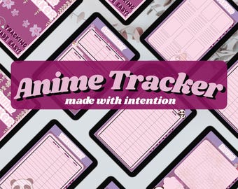 May include: A collection of digital anime trackers on tablets. The trackers feature pink and purple designs with panda illustrations and the text "Anime Tracker made with intention." The tablets also display the text "Tracking Made Easy!"