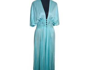 Vintage Aqua Lace Waist Hostess Gown | 1970s Old Hollywood Maxi Lounge Dress
