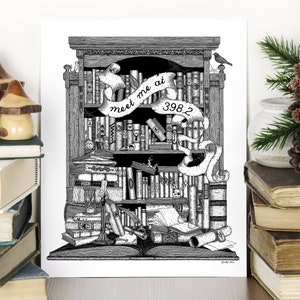 398.2 - Bookish Art Print - Fantasy Bookshelf Drawing - Hand Drawn Illustration by Chatty Nora