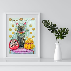 Black Maneki Neko Art Print: Japanese Lucky Cat Feng Shui (Digital Download A3 JPG)