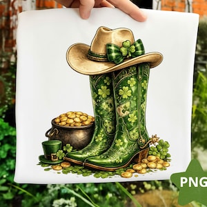 Puede incluir: Ilustración temática del Día de San Patricio con botas de vaquero verdes adornadas con tréboles, un sombrero de vaquero marrón con un lazo verde y una olla de oro. También hay monedas de oro y un sombrero verde.