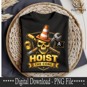 May include: Black t-shirt featuring a skull wearing a traffic cone, crossed tools, and a pirate flag. The text "HOIST THE CONE" is displayed in a banner. The design includes a welding mask and wrench.