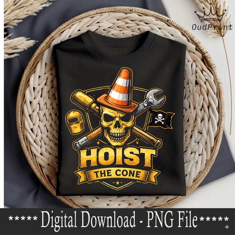 May include: Black t-shirt featuring a skull wearing a traffic cone, crossed tools, and a pirate flag. The text "HOIST THE CONE" is displayed in a banner. The design includes a welding mask and wrench.