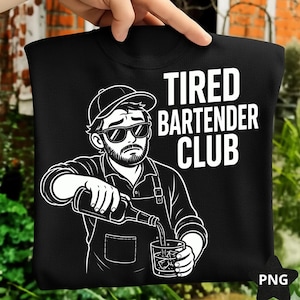 May include: Black sweatshirt with a white graphic of a bartender pouring a drink, with the text "TIRED BARTENDER CLUB". The illustration features a bartender wearing sunglasses and an apron.