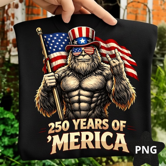 250 Anniversary USA Patriotic Bigfoot PNG: 4th of July Sasquatch with USA Flag, Men Women 1776 America 250th Png (Digital Download)