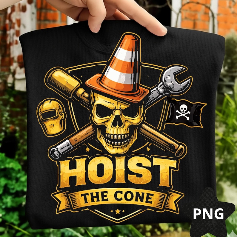 May include: Black sweatshirt featuring a skull wearing an orange traffic cone and a pirate flag. The design includes crossed tools, a welding mask, and the text "HOIST THE CONE" in gold lettering.