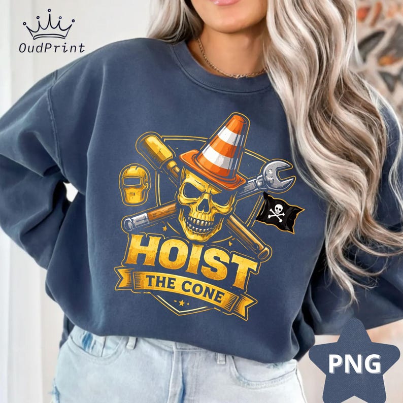 May include: Navy blue sweatshirt with a graphic featuring a yellow skull wearing an orange and white traffic cone. The design includes crossed tools, a pirate flag, and the text "HOIST THE CONE."