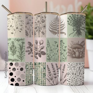 セージグリーンのタンブラーラップ PNG | コテージコア ボタニカルパッチワーク | 20オンス昇華デザイン | ヴィンテージガーデンキルト デジタルダウンロード