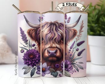 Highland Cow Tumbler Wrap PNG | 2 Backgrounds | Purple Watercolor Floral, 20oz Sublimation (Digital Download)
