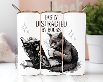 Book Lover Tumbler Wrap PNG, Easily Distracted by Books, Black Cat & Coffee 20oz Skinny Tumbler Sublimation, Dark Academia Digital Download
