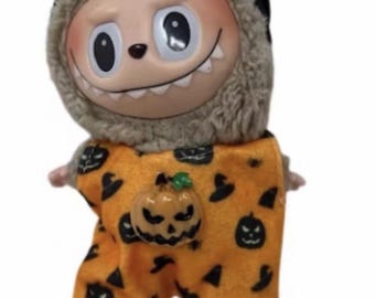 Labubu Halloween Outfit Orange Kürbis Kleid + Katzenohren Haarband Puppenkleidung