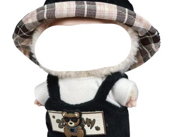 Labubu Style Puppe Outfit Schwarz Bär Latzhose Hut Shirt Plüsch Figur Kleidung