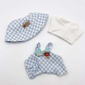 Labubu Blue Plaid 3pc Doll Outfit Set with Bucket Hat & Tops image 3
