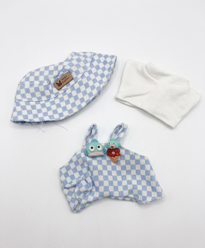 Labubu Blue Plaid 3pc Doll Outfit Set with Bucket Hat & Tops image 3