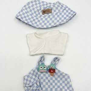 Labubu Blue Plaid 3pc Doll Outfit Set with Bucket Hat & Tops image 2