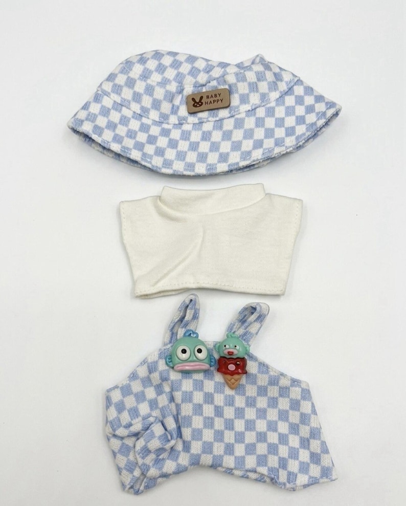 Labubu Blue Plaid 3pc Doll Outfit Set with Bucket Hat & Tops image 2