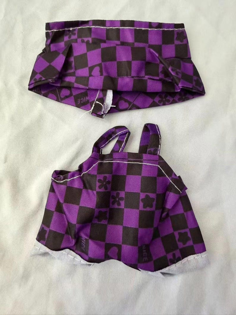 Labubu Puppenkleidung Lila Schwarz Kariert 2Teilig Outfit Top Rock Plüsch Kleidung Bild 3