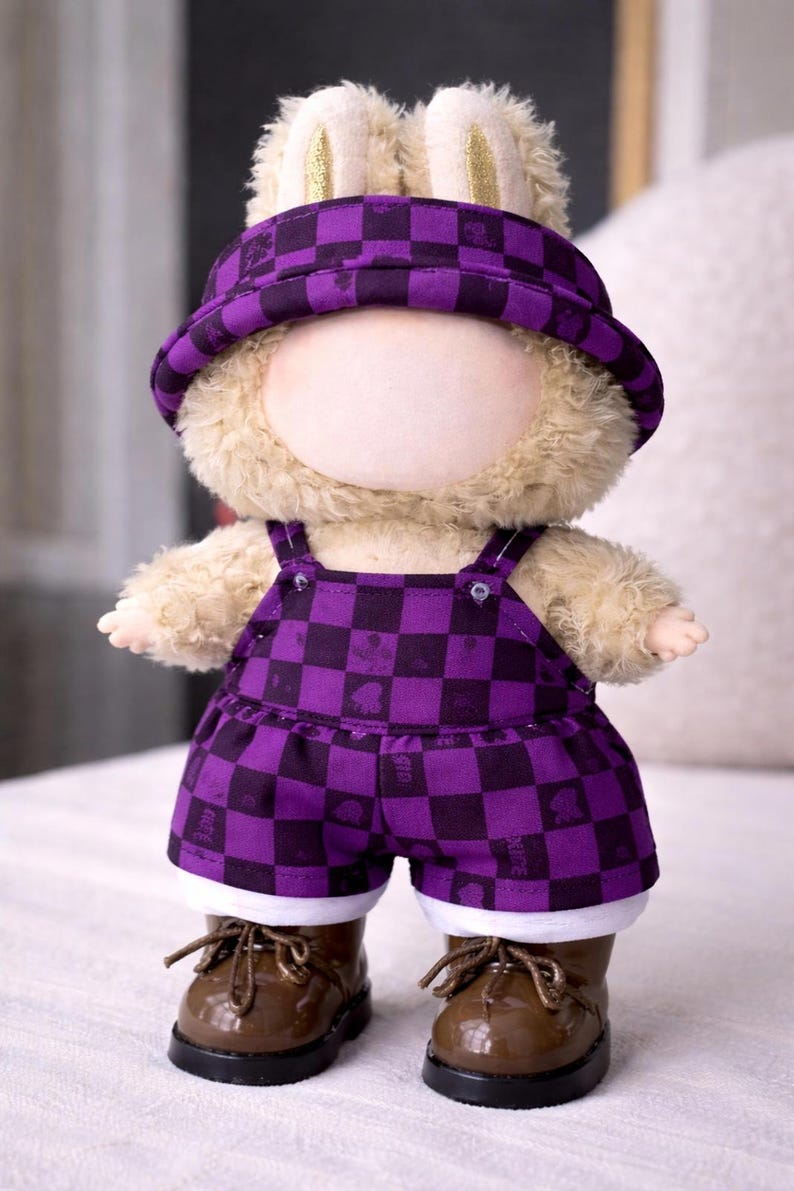 Labubu Puppenkleidung Lila Schwarz Kariert 2Teilig Outfit Top Rock Plüsch Kleidung Bild 1