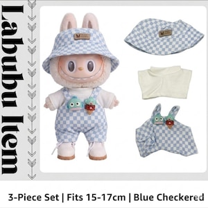Labubu Blue Plaid 3pc Doll Outfit Set with Bucket Hat & Tops image 1