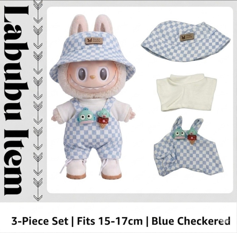 Labubu Blue Plaid 3pc Doll Outfit Set with Bucket Hat & Tops image 1