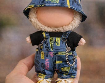 Labubu Doll Outfit Set Bucket Hat Black Shirt Denim Overalls Street Style