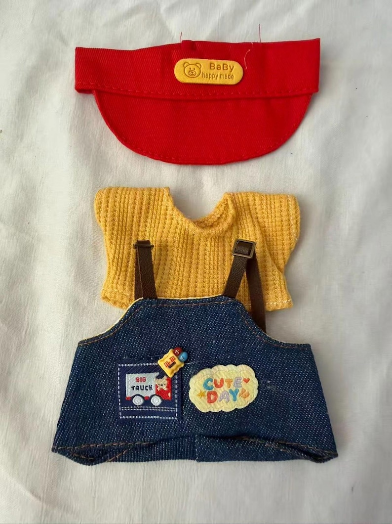 Labubu Style Doll Outfit Red Cap Denim Overalls Set Fits 17cm Figure image 3