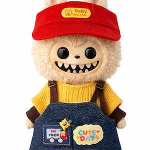 Labubu Style Doll Outfit Red Cap Denim Overalls Set Fits 17cm Figure image 1