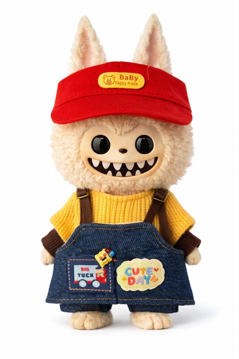 Labubu Style Doll Outfit Red Cap Denim Overalls Set Fits 17cm Figure image 1