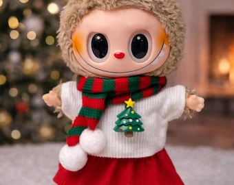 Labubu Puppe Weihnachts Outfit ärmellos Top Rock Schal Schuhe Neu 15-17 cm