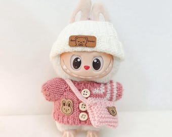 17CM Labubu Doll Knit Outfit Set Hat Sweater Bag Cute Handmade Clothes