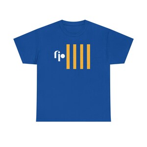 May include: Royal blue t-shirt with a white and yellow graphic design. The graphic features the letters "fi" with a dot, and four vertical yellow stripes. The shirt is made of a soft material.