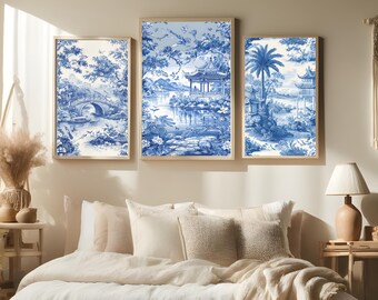 Juego de 3 impresiones de arte mural, descarga digital imprimible, galería Toile Chinoiserie azul y blanco