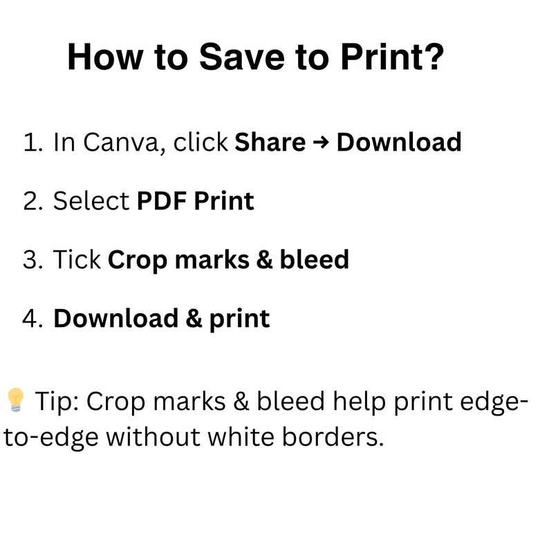Instructions for saving a Canva birthday invitation as a PDF print file with crop marks and bleed for edge to edge printing