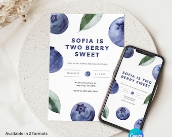 Two Berry Sweet Birthday Invitation: Blueberry Party, Editable Canva Template (Digital Download)