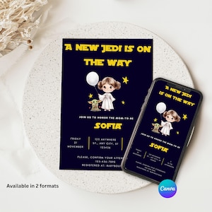 Digital Star Wars baby shower invitation with chibi Princess Leia and Baby Yoda, navy galaxy backdrop, yellow and white text 'A New Jedi is on the Way', shown in mobile and printable versions.